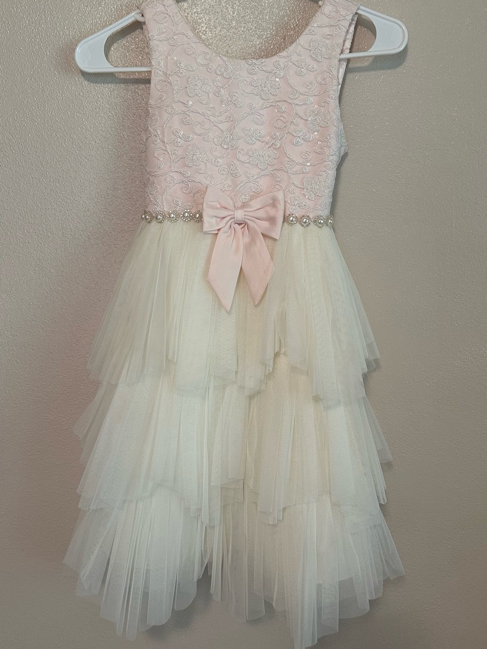 Girls Pink Lace Bodice Cream Tulle Party Dress with Bow